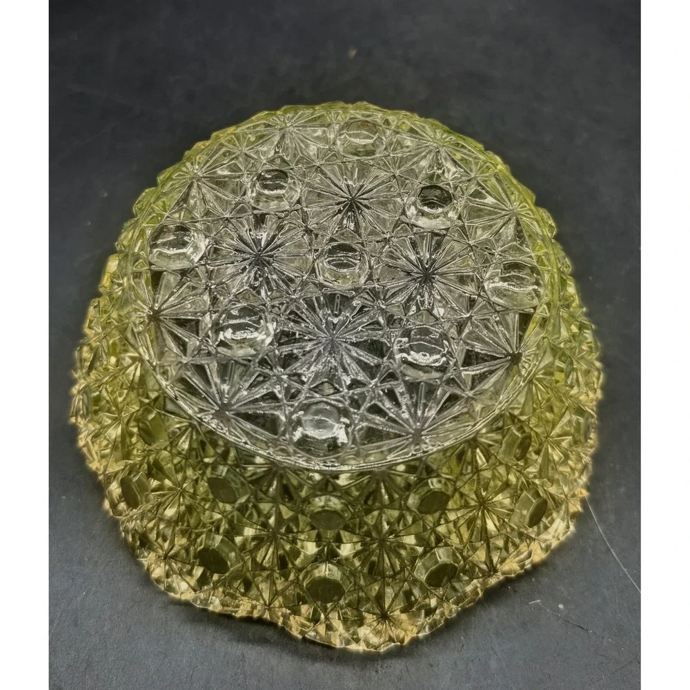 Vintage Vaseline Uranium Glass Bowl Daisy and Button Scalloped EAPG UV Reactive